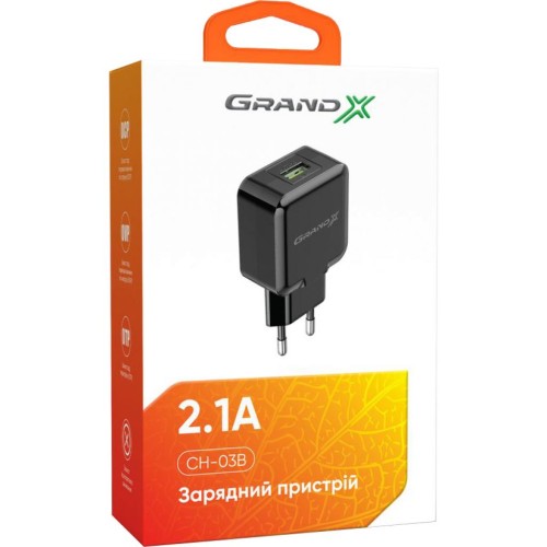 Зарядний пристрій Grand-X CH-03B (5V/2,1A) Black (CH-03B)