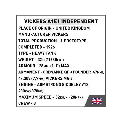 Конструктор Cobi Перша Світова Війна Танк Віккерс A1E1 Незалежний, 886 деталей (COBI-2990)