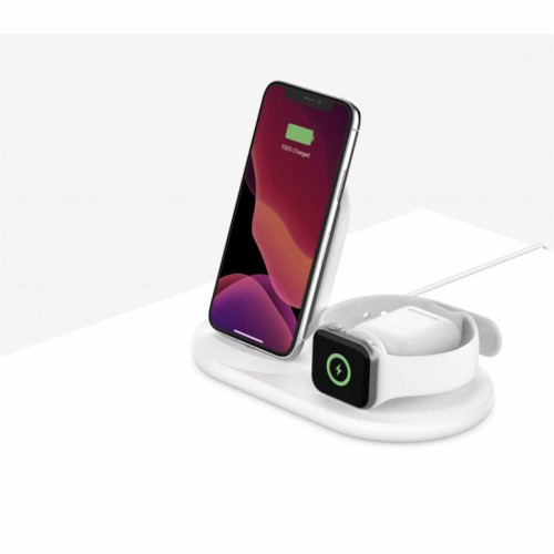 Зарядний пристрій Belkin 3-in-1 Wireless Pad/Stand/Apple Watch, white (WIZ001VFWH)