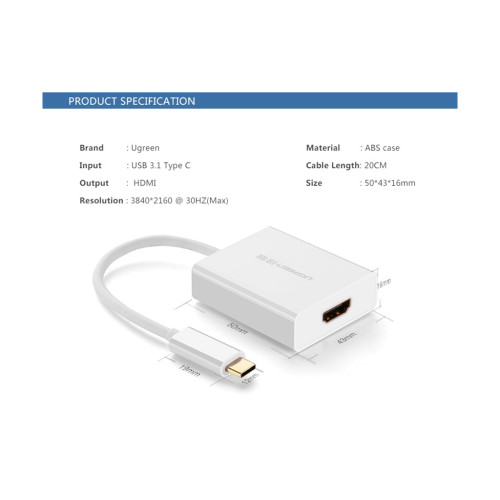 Перехідник USB2.0 Type-C to HDMI V1.4b 40273 white Ugreen (40273)