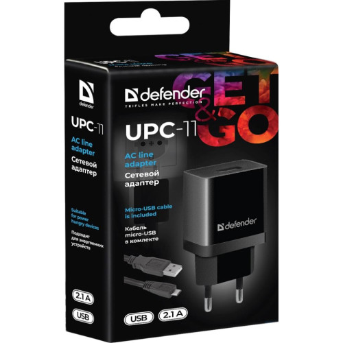 Зарядний пристрій Defender UPС-11 1xUSB,5V/2.1А, кабель micro-USB (83556)