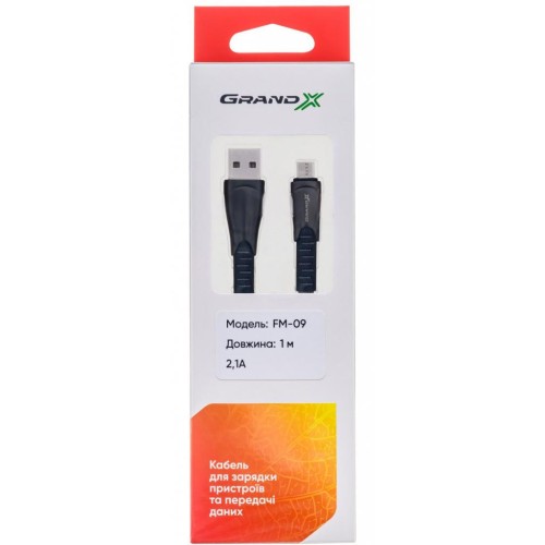 Дата кабель USB 2.0 AM to Micro 5P 1.0m black Grand-X (FM09)