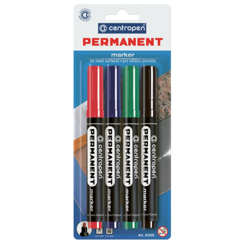 Маркер Centropen Permanent 8566 2,5 мм, round tip, SET 4colors (BLister) (8566/4/BL)