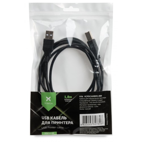 Кабель для принтера USB 2.0 AM/BM 1.8 m Vinga (VCPDCAMBM1.8BK)