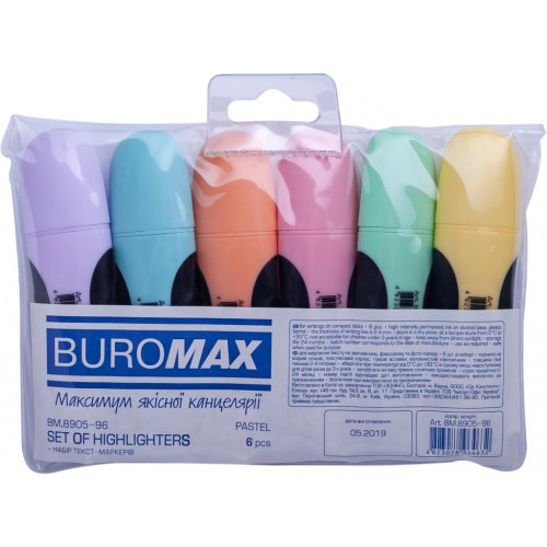 Маркер BUROMAX highlighter pen, PASTEL, chisel tip, SET 6 colors (BM.8905-96)