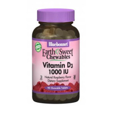 Вітамін Bluebonnet Nutrition Вітамін D3 1000IU, Смак Малини, Earth Sweet Chewables, 90 ж (BLB-00362)