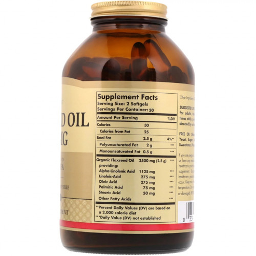 Трави Solgar Лляне Масло, Flaxseed Oil, 1250 мг, 100 гелевих капсул (SOL01070)