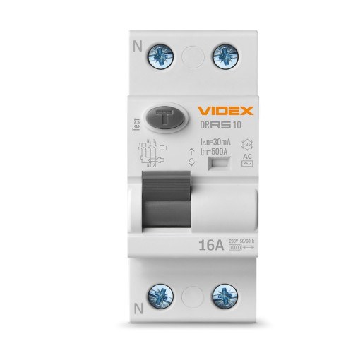 Диференційне реле (ПЗВ) Videx RESIST АС 2п 30мА 10кА 16А (VF-RS10-DR2AC16)