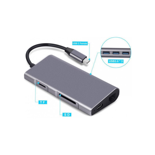 Перехідник Dynamode USB3.1 Type-C to HDMI, 3хUSB3.0, RJ45, USB Type-C Female, SD (Dock-USB-TypeC-HDMI-USB3.0-RJ45)