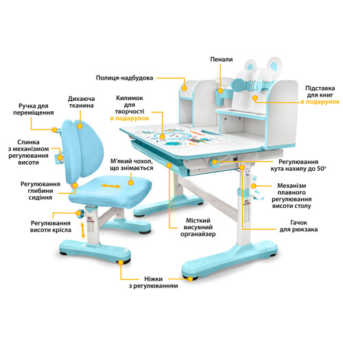 Парта зі стільцем Evo-kids Panda XL blue (BD-29 BL)