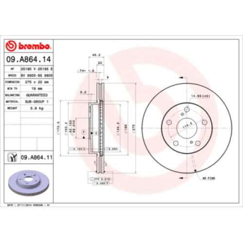 Гальмівний диск Brembo 09.A864.14