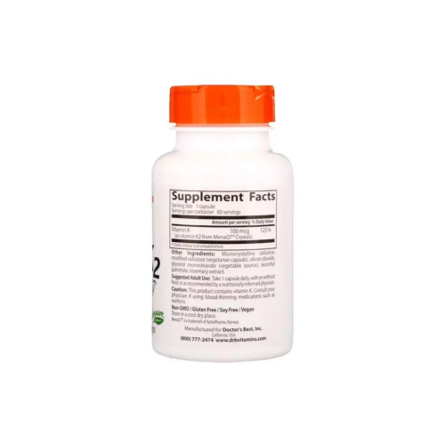 Вітамін Doctor's Best Вітамін К2 в Формі МК-7, Vitamin K2 as MK-7, 100 мкг, 60 кап (DRB-00334)