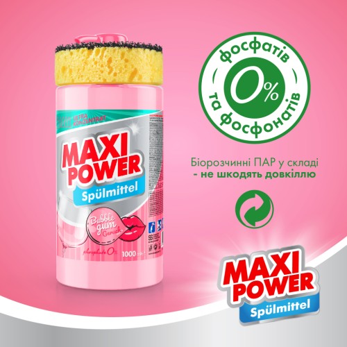 Засіб для ручного миття посуду Maxi Power Бабл Гам 1000 мл (4823098408505)