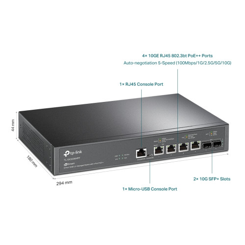 Комутатор мережевий TP-Link TL-SX3206HPP 2xSFP+ (10GE) 4x10GE LAN console+microUSB L2 JetStream 19" 1U (TL-SX3206HPP)