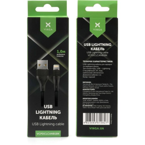 Дата кабель USB 2.0 AM to Lightning 1.0m cylindric nylon back Vinga (VCPDCLCANB1BK)