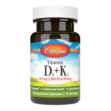 Вітамін Carlson Вітамін D3+K2, 2000 МО та 90 мкг, Vitamin D3+K2, 30 вегетарі (CL10600)