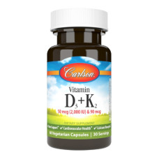 Вітамін Carlson Вітамін D3+K2, 2000 МО та 90 мкг, Vitamin D3+K2, 60 вегетарі (CL10610)