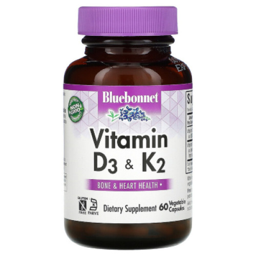 Вітамін Bluebonnet Nutrition Вітаміни D3 і K2, Vitamins D3 & K2, 60 вегетаріанських капсу (BLB-00654)