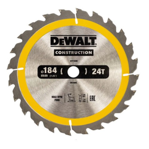 Диск пильний DeWALT CONSTRUCTION, 184 х 16 мм, 24z (ATB), 16 градусів (DT1939)