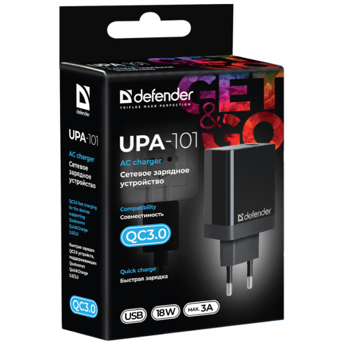 Зарядний пристрій Defender UPA-101 black, 1 USB, QC 3.0, 18W (83573)