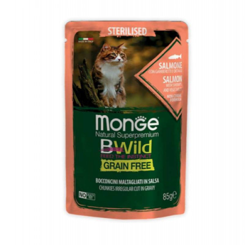 Вологий корм для кішок Monge BWild Cat Free Wet Sterilized лосось з креветками 85 г (8009470012782)