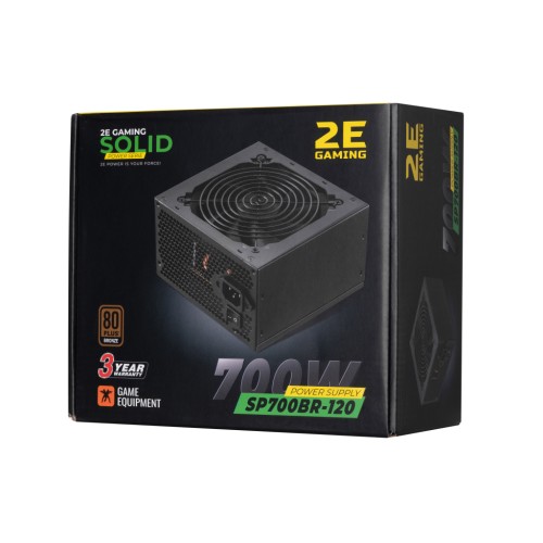 Блок живлення 2E GAMING SOLID POWER (700W), >85, 80+ Bronze, 120mm, 1xMB 24pin(20+4), 1xCPU 8pin(4+4), 3xMolex, (2E-SP700BR-120)