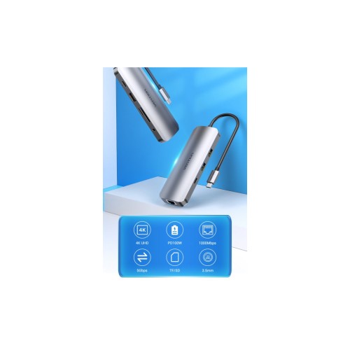 Концентратор Vention USB3.1 Type-C --> HDMI/USB 3.0x2/RJ45/USB-C/SD/TF/TRRS 3.5mm (TOMHB)