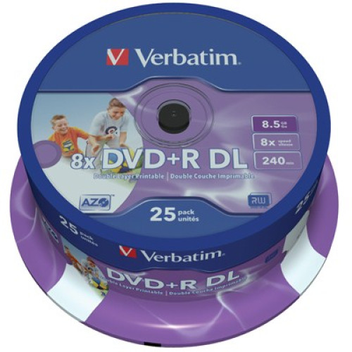 Диск DVD Verbatim 8.5Gb 8X CakeBox 25шт Printable (43667)