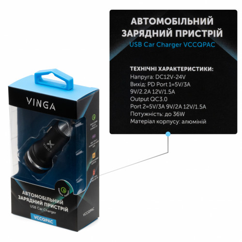 Зарядний пристрій Vinga QC3.0 + PD Quick Car Charger aluminium 36W Max black (VCCQPAC)