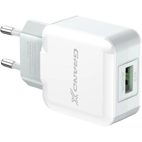 Зарядний пристрій Grand-X USB 5V 2,1A White + cable USB -> Lightning, Cu (CH03LTW)