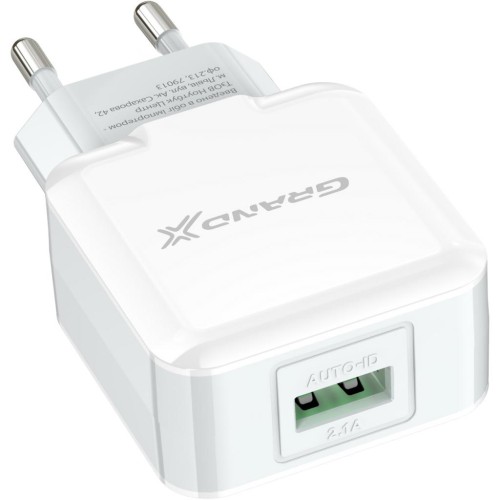 Зарядний пристрій Grand-X USB 5V 2,1A White + cable USB -> Lightning, Cu (CH03LTW)