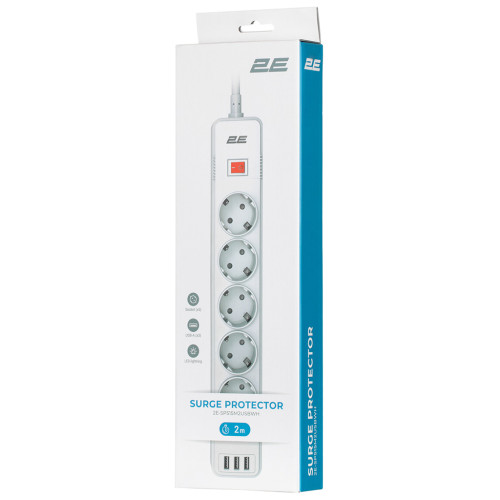 Мережевий фільтр живлення 2E 5XSchuko, 3G*1.5мм, 3*USB-A, 2м, white (2E-SP515M2USBWH)