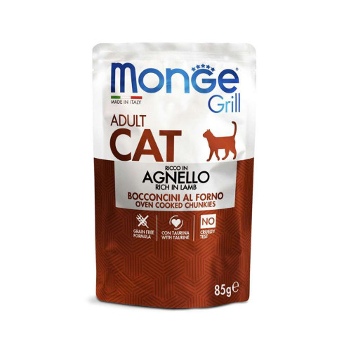 Вологий корм для кішок Monge Cat Grill Adult з ягням 85 г (шматочки в жиле) (8009470013628)