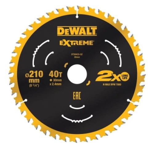 Диск пильний DeWALT EXTREME, 210 х 30 мм, 40z, ATB, 7 градусів, 7000 об/хв. (DT20433)