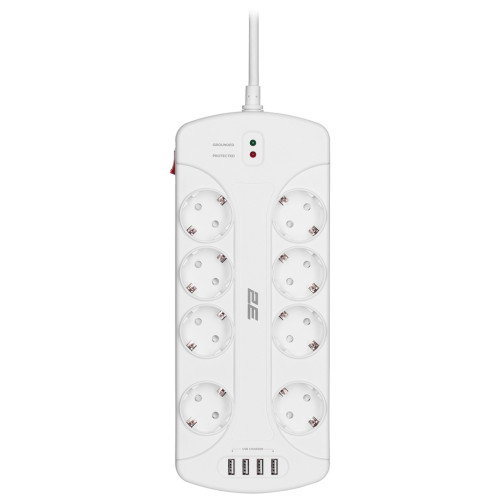 Мережевий фільтр живлення 2E 8XSchuko, 3G*1.5мм, 4*USB-A, 3м, white (2E-SP815M3USBWH)