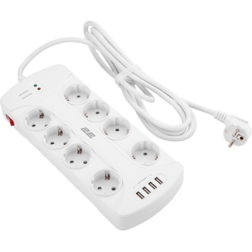 Мережевий фільтр живлення 2E 8XSchuko, 3G*1.5мм, 4*USB-A, 3м, white (2E-SP815M3USBWH)