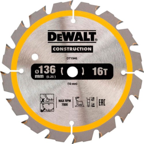 Диск пильний DeWALT СONSTRUCTION , 136 х 10, 16 z, АТВ, 20 градусів (DT1946)