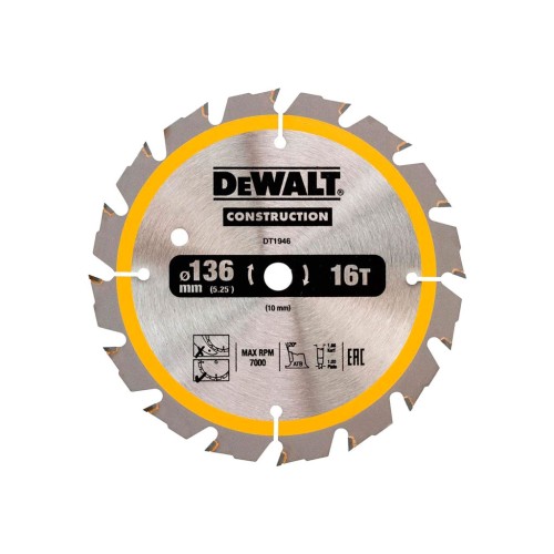 Диск пильний DeWALT СONSTRUCTION , 136 х 10, 16 z, АТВ, 20 градусів (DT1946)