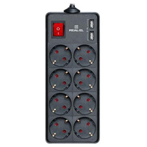 Мережевий фільтр живлення REAL-EL REAL-EL RS-8 PROTECT USB, 3m, black (EL122300020)