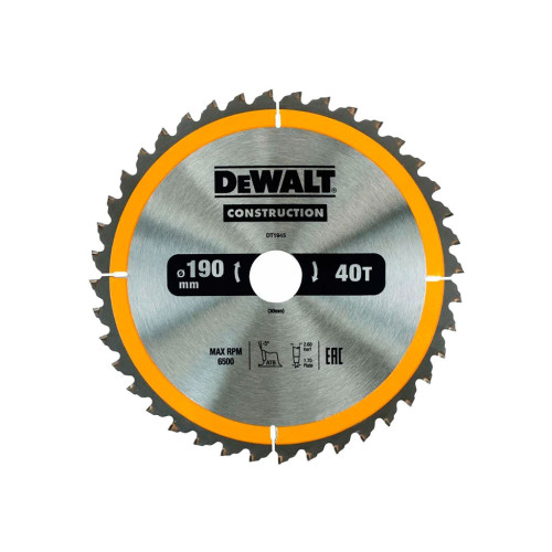 Диск пильний DeWALT СONSTRUCTION , 190 х 30 мм, 40 z, АТВ, 10 градусів (DT1945)