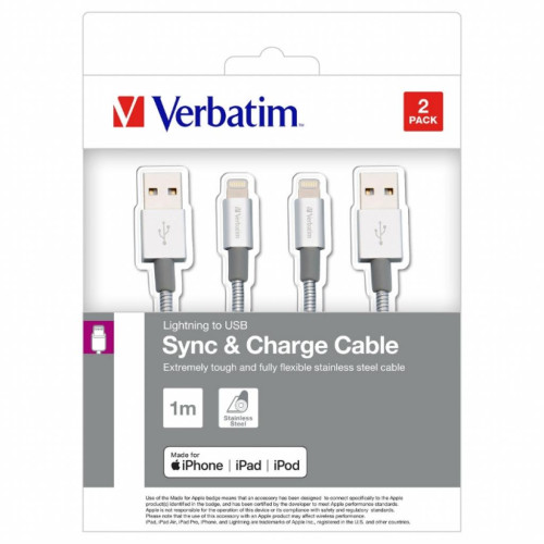 Дата кабель USB 2.0 AM to Lightning 1.0m + 1.0m silver Verbatim (48872)