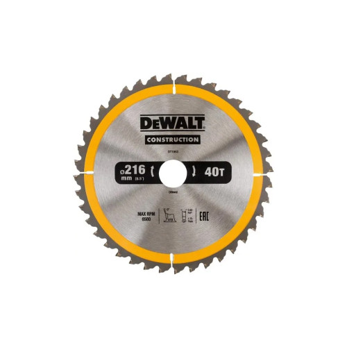 Диск пильний DeWALT СONSTRUCTION , 216 х 30, 40 z, АТВ, -5 градусів, універсальне застосування (DT1953)