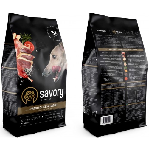 Сухий корм для собак Savory Adult All Breeds rich in Fresh Duck and Rabbit 1 кг (4820232630167)