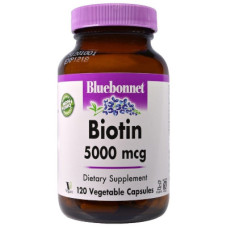 Вітамін Bluebonnet Nutrition Біотин (B7) 5000 мкг, Biotin, 120 вегетаріанських капсул (BLB0448)