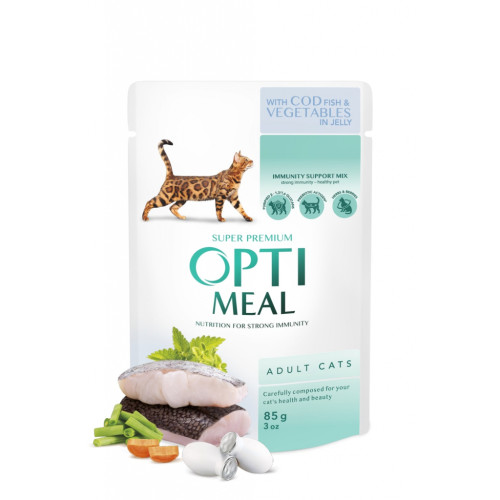 Вологий корм для кішок Optimeal з тріскою і овочами в желе 85 г (4820215364041)