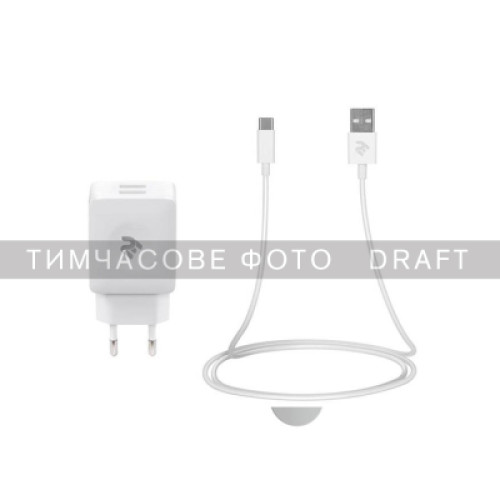 Зарядний пристрій 2E Wall Charger Dual USB-A 2.4A + cable USB-C White (2E-WC1USB2.1A-CC)