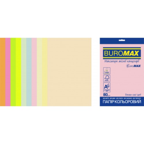 Папір Buromax А4, 80g, PASTEL+NEON, 10colors, 20sh, EUROMAX (BM.2721720E-99)