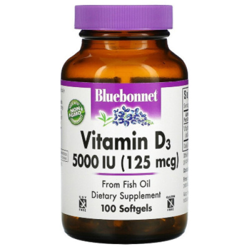 Вітамін Bluebonnet Nutrition Вітамін D3 5000IU (125 мкг), Vitamin D3, 100 желатинових кап (BLB-00321)