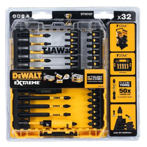 Набір біт DeWALT EXTREME FLEXTORQ, Phillips,Pozidriv,Torx, Slotted,Pz3, T25, 32 шт, кейс (DT70743T)