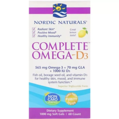 Жирні кислоти Nordic Naturals Комплекс Омега-D3, Лимон, 1000 мг, 60 гелевих капсул (NOR01778)